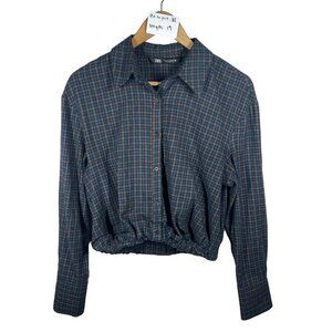 Zara Plaid Check Flannel Collared Button-Down Elastic Hem Crop Shirt Top Size S